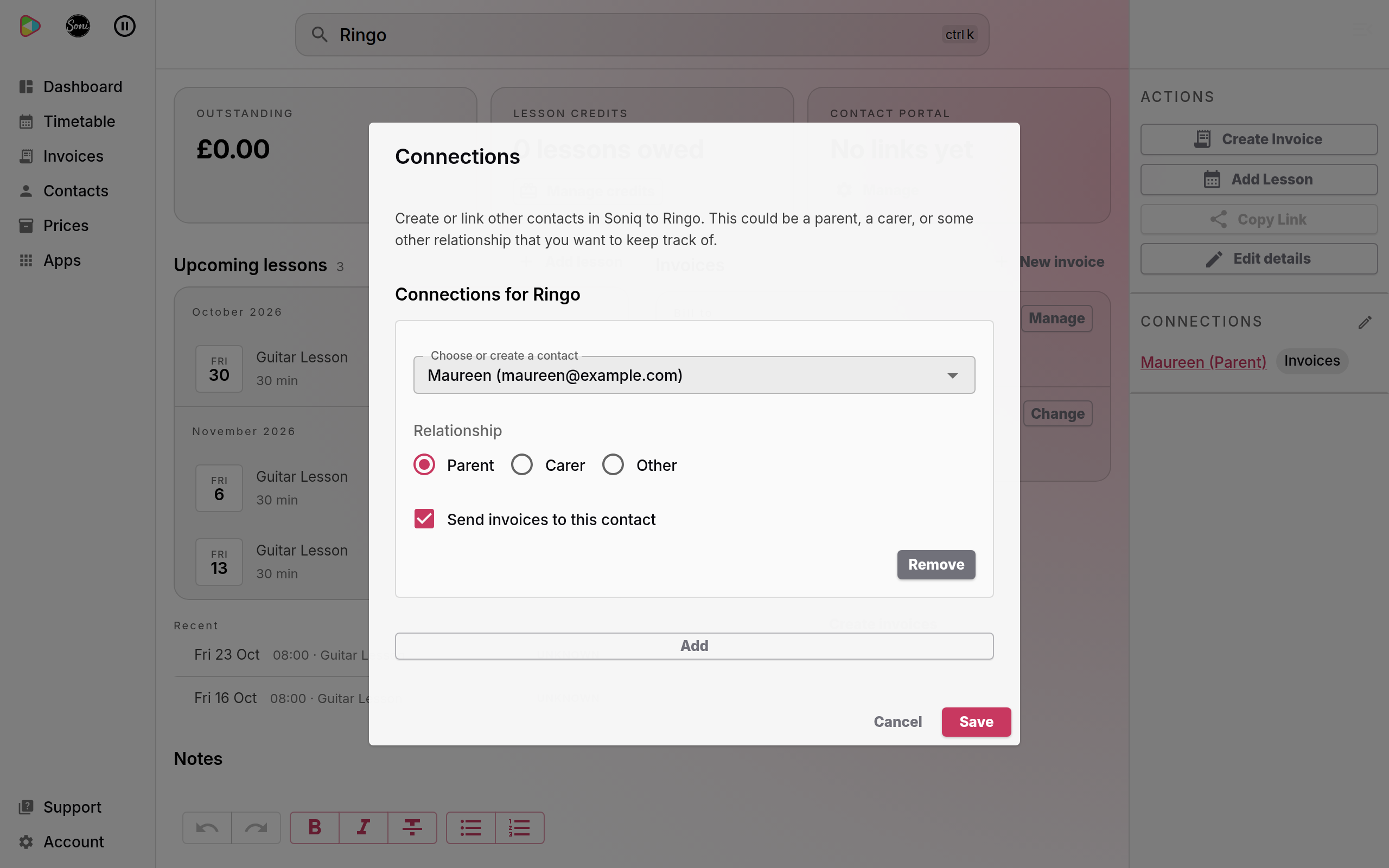 The Connections dialog open on Ringo’s contact page, with Maureen as a Parent, Send invoices to this contact ticked, and a Remove button