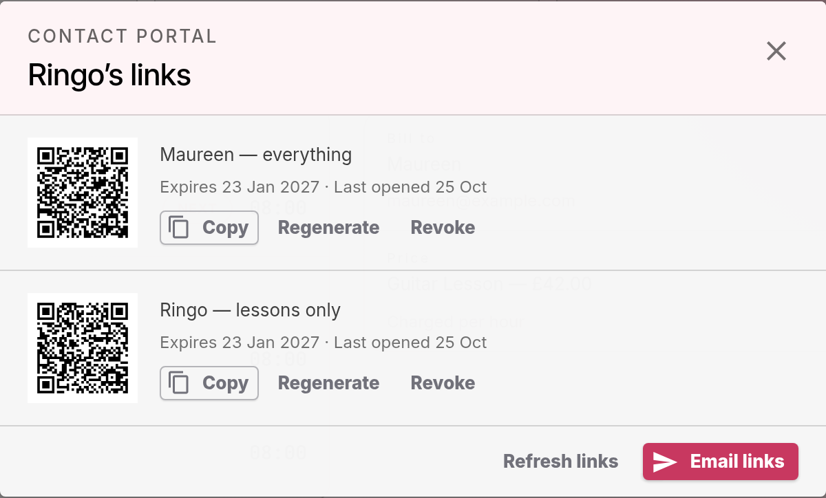 The Ringo’s links dialog with Maureen — everything and Ringo — lessons only, each with a QR code, an expiry date and Last opened 25 Oct