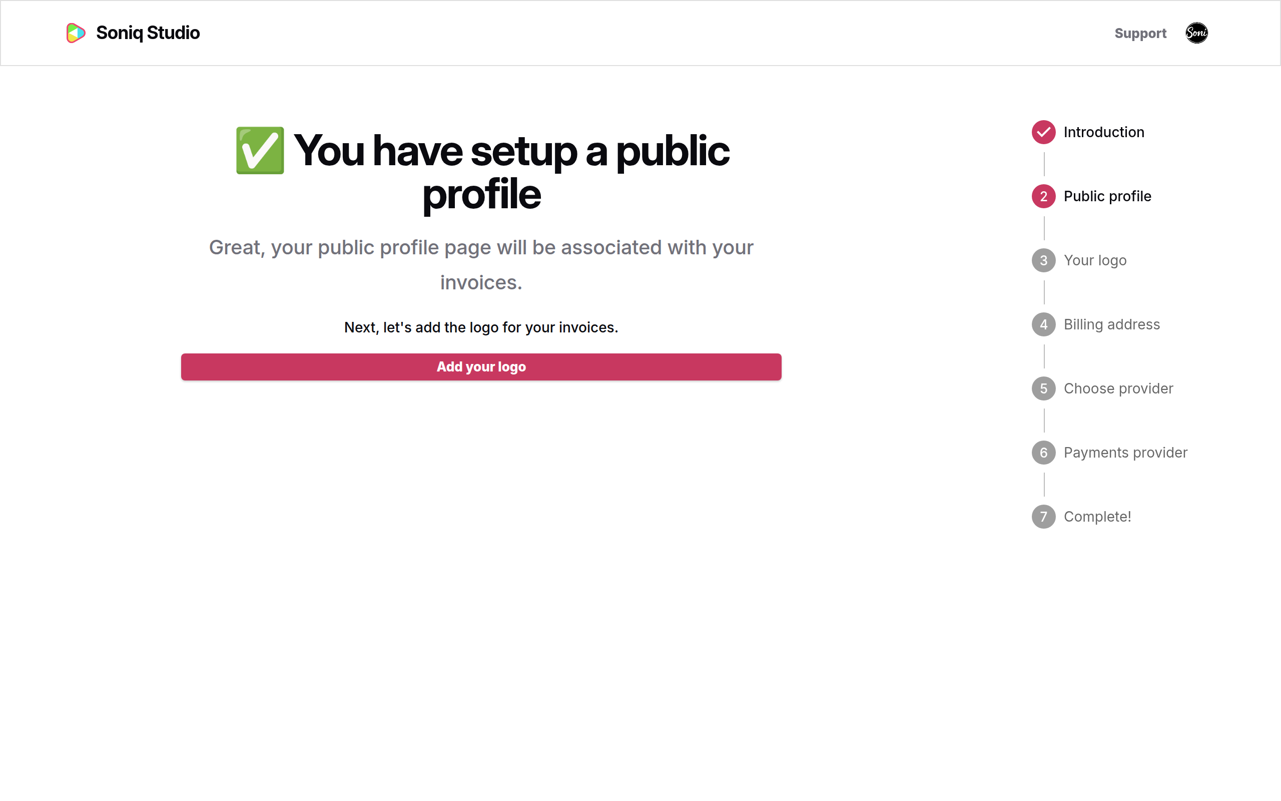 The confirmation that the public profile is set up, with the Add your logo button