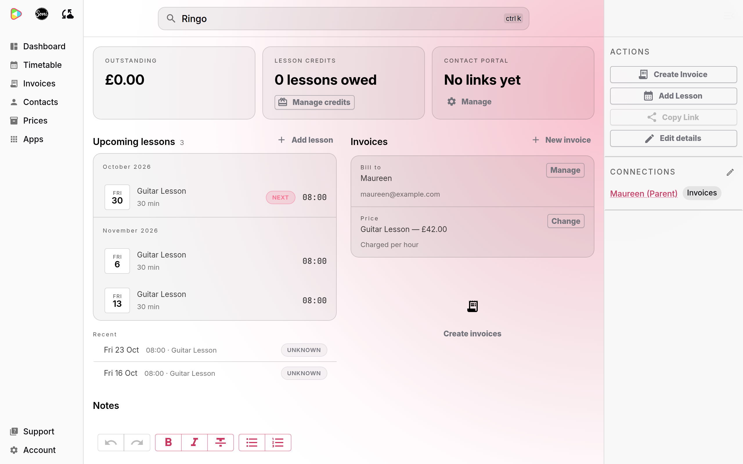 Ringo’s contact page with the Outstanding, Lesson credits and Contact portal cards across the top, No links yet in the Contact portal card, and Maureen (Parent) with an Invoices label under Connections
